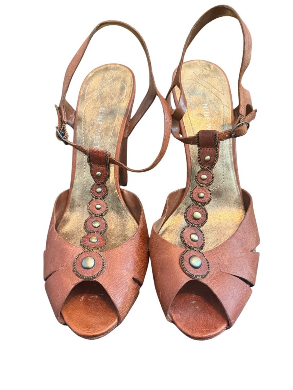 Nine West Brown Leather T-Strap Wedge Sandals With Metallic Accents 5" Heel 10.5